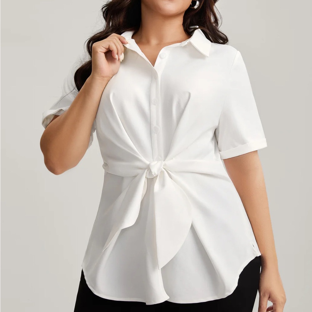 White Blouse Front Knot, Tummy Hiding
